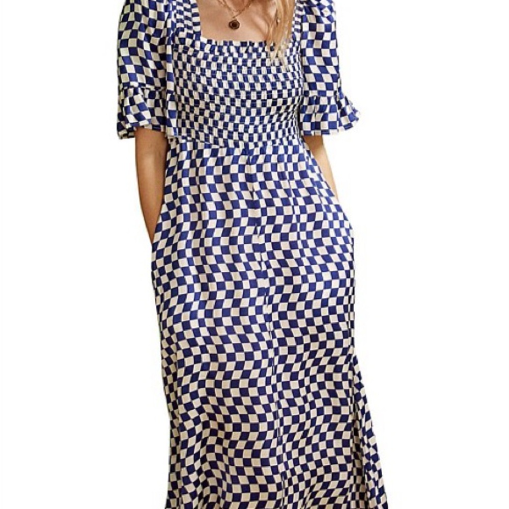 Kitri Arabella Navy Checkered Shirred Dress